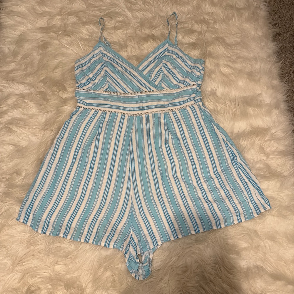 Blue and White Striped Romper with Lace
